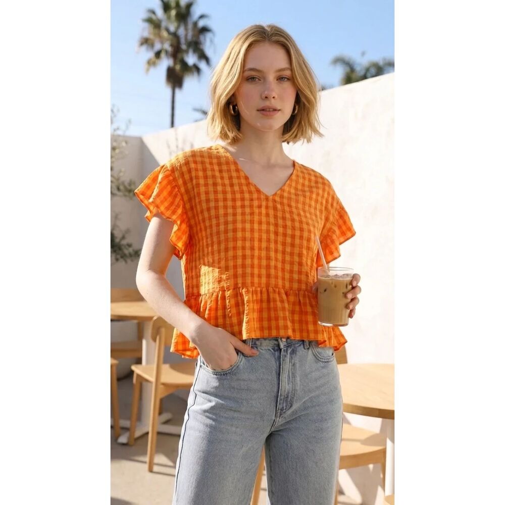 Orange Gingham Peplum Top